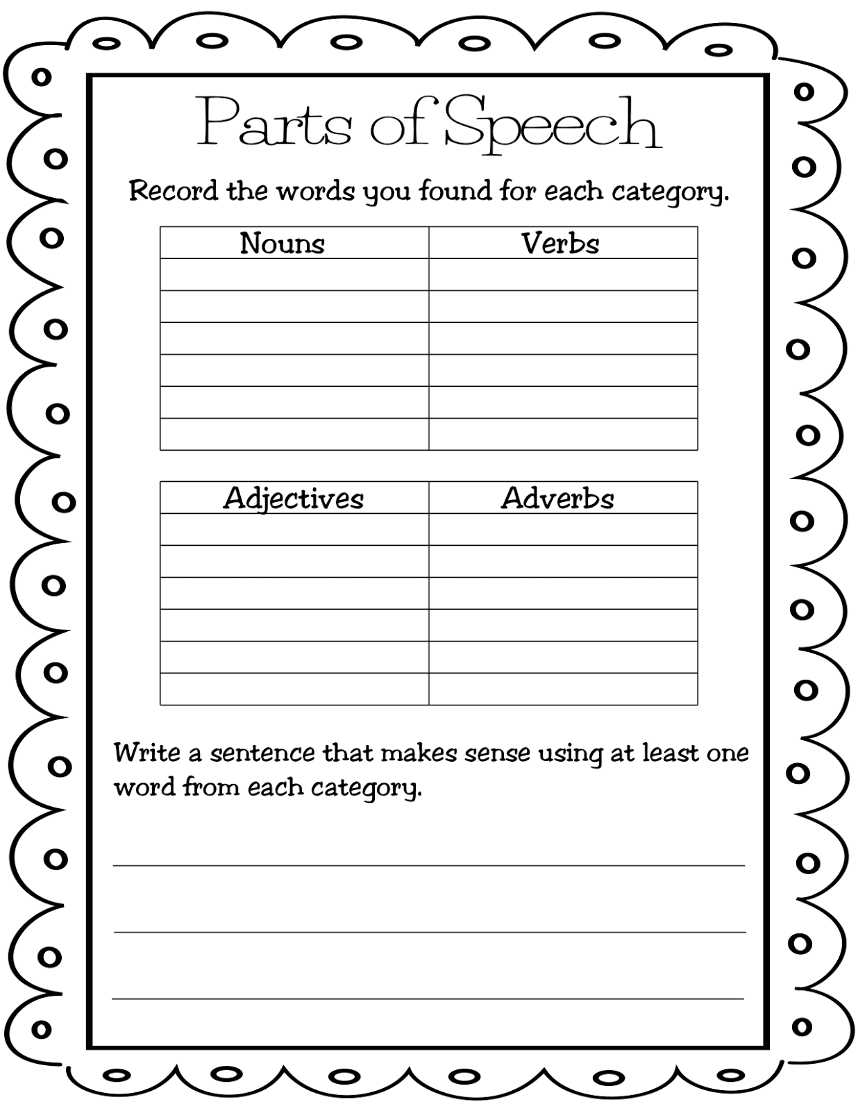 Parts Of Speech Worksheets Printable