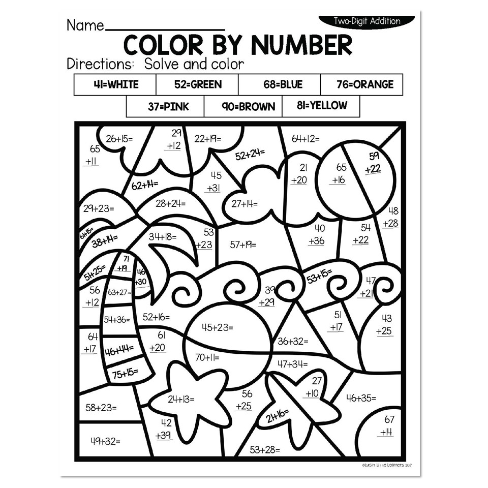 2 Digit Addition Summer Color By Number Beach Lucky Little Learners