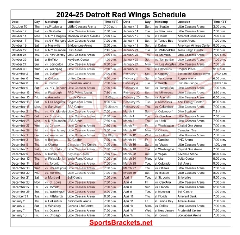 Detroit Red Wings Schedule Printable