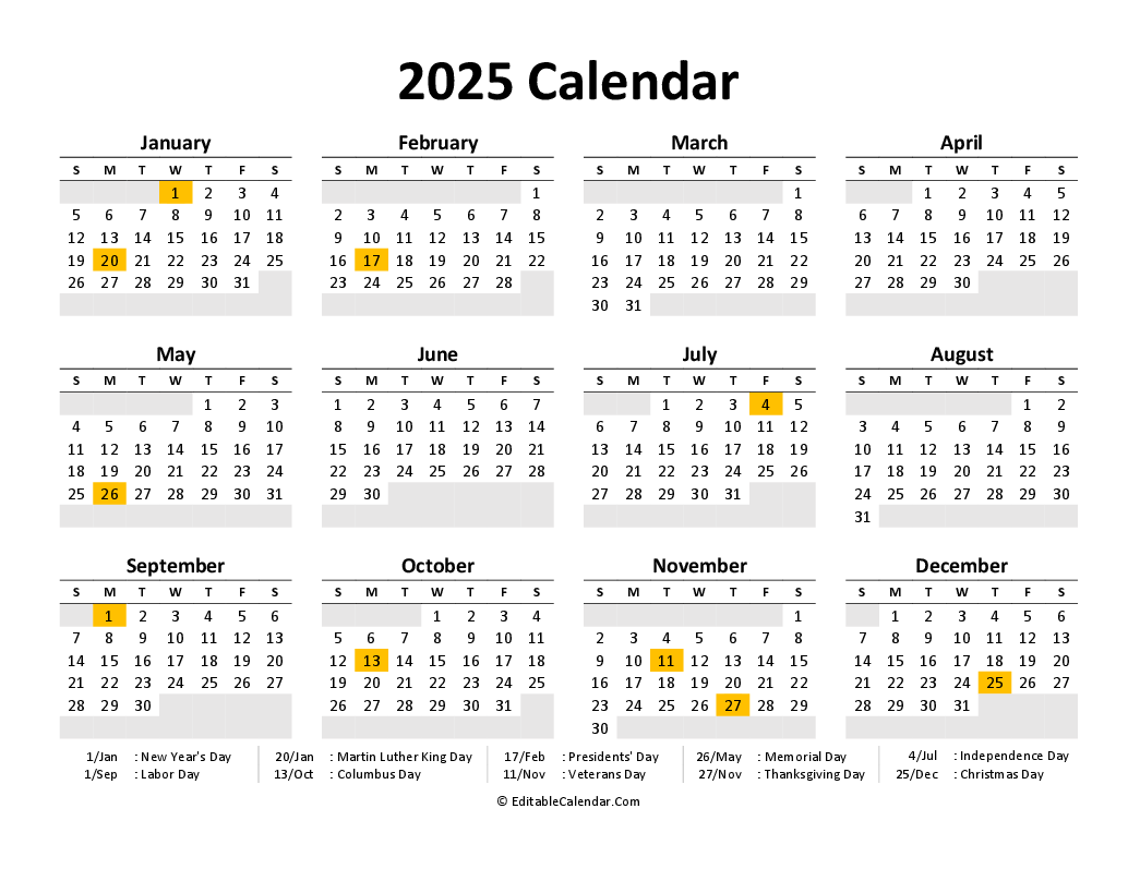2025 Calendar Printable Pdf Word Free Hugo C Redmond