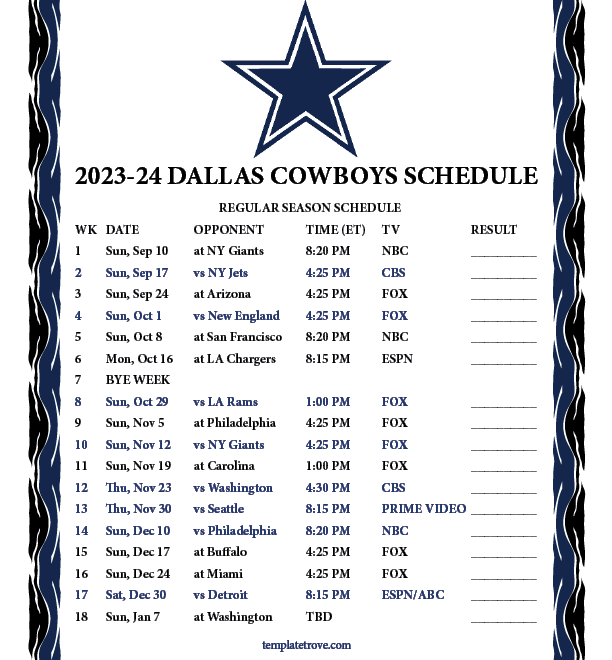 2025 Dallas Cowboys Printable Schedule Download Print Free 