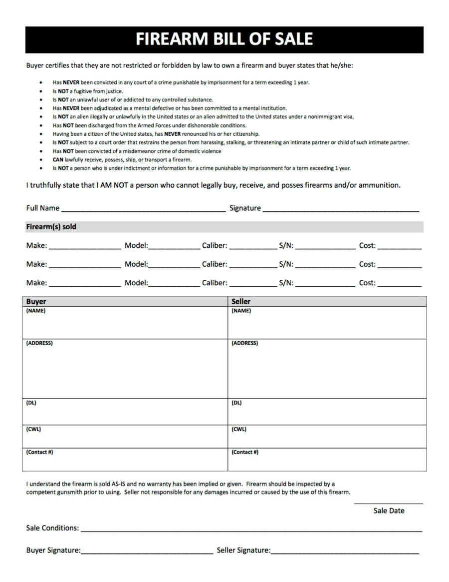2025 Firearm Bill Of Sale Form Fillable Printable PDF Forms Handypdf