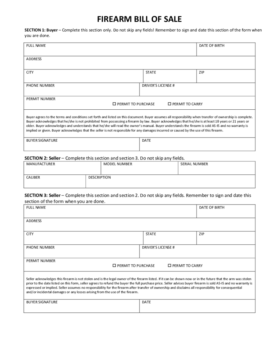 2025 Firearm Bill Of Sale Form Fillable Printable PDF Forms Handypdf