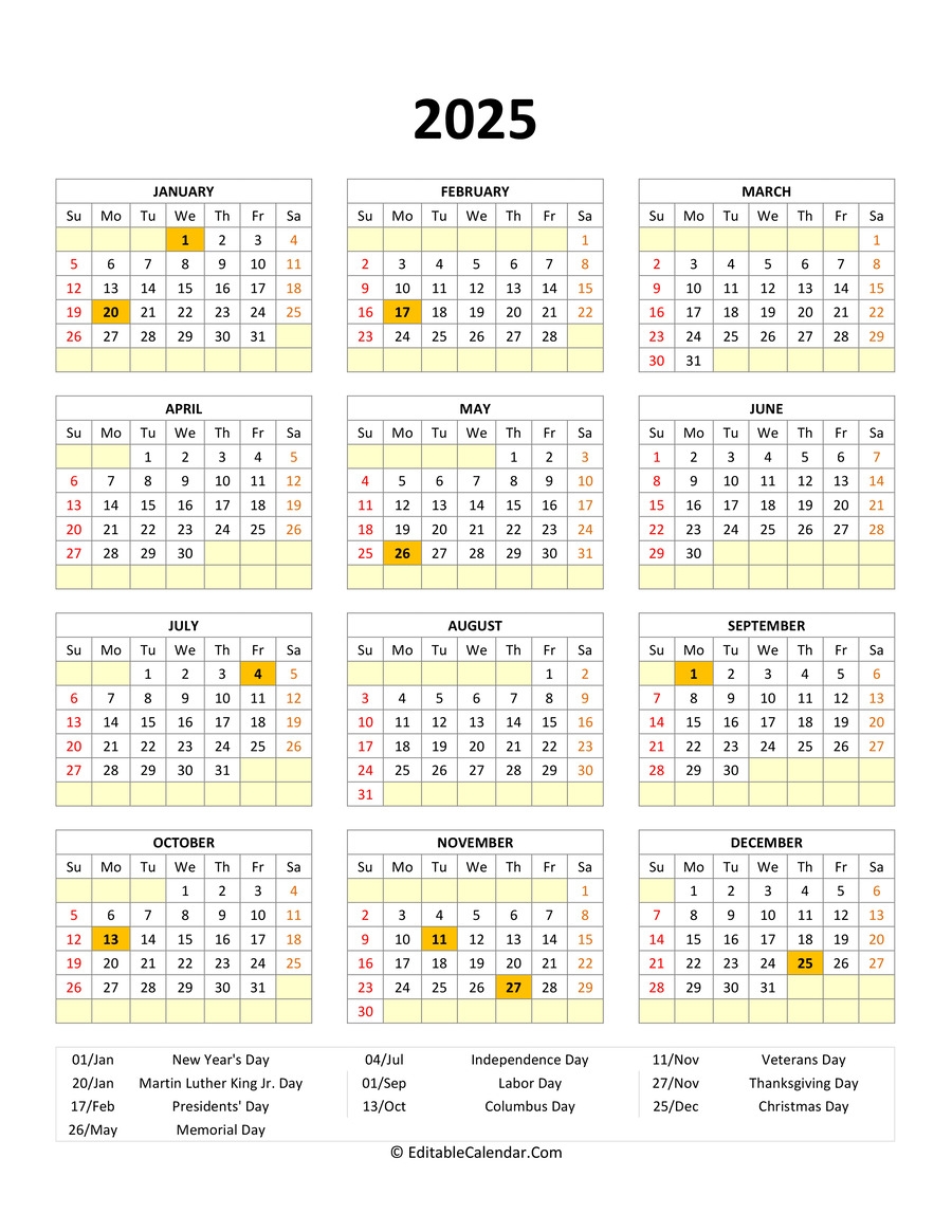 2025 Yearly Calendar With Holidays Free Printable Worksheets Foremost 