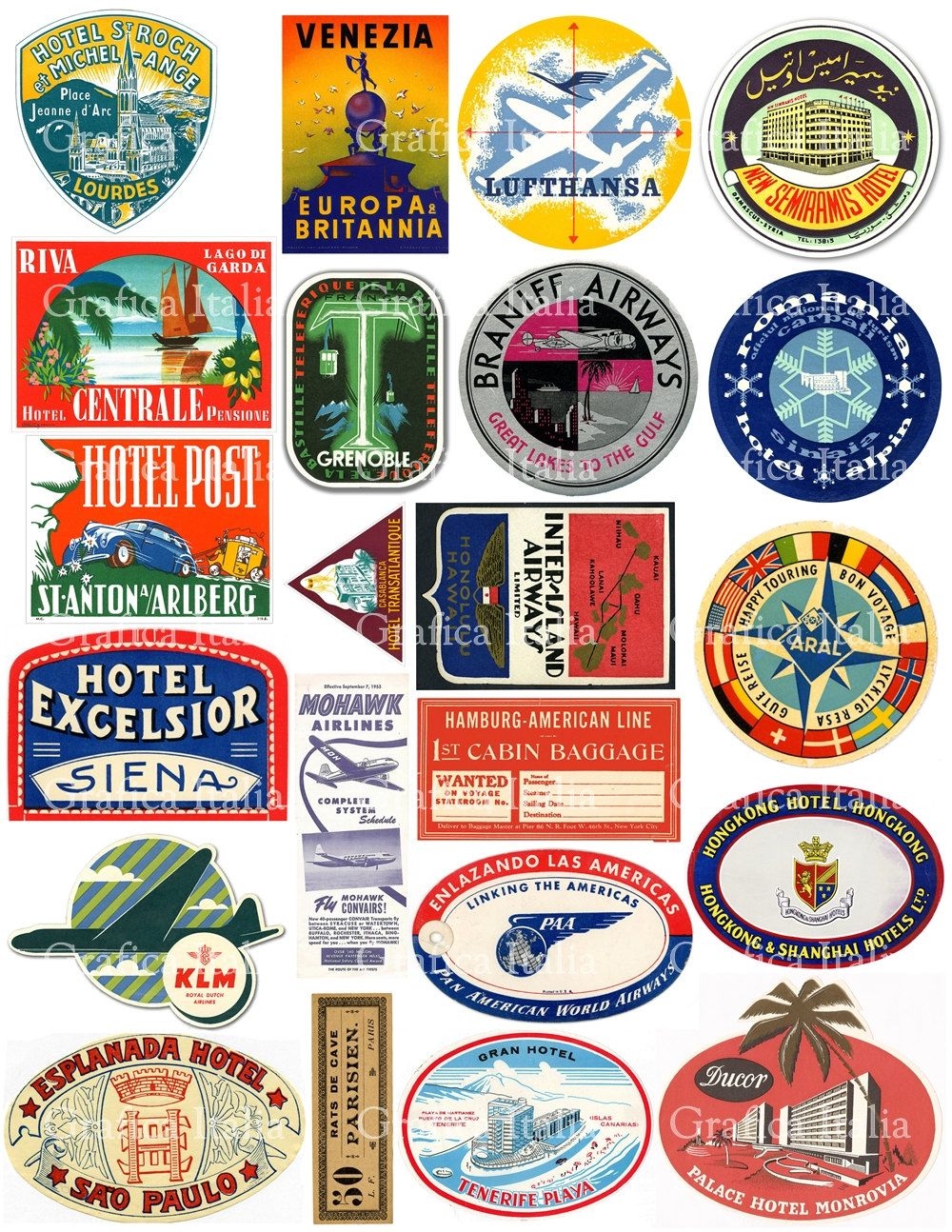 22 Travel Luggage Labels Retro Digital Printable Collage Sheets 