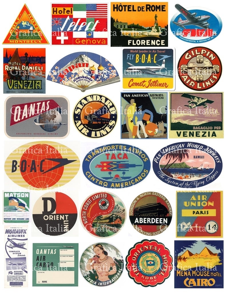 25 Travel Luggage Stickers Retro Digital Printable Collage Etsy 