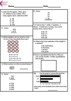 2nd Grade Common Core Math Assessment SHORT Form A 10 Questions 