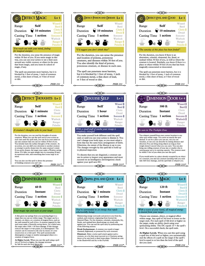 300 D D 5e Spell Cards 7 Blank School Cards Instant Download Etsy