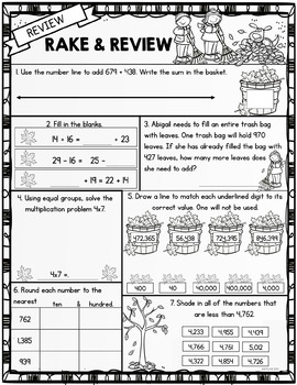 3rd Grade Fall Math Packet Review By KP Plans TpT