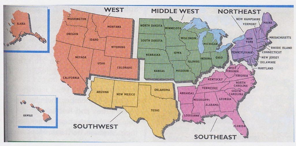5 Regions Of The United States Printable Map Sandra J Johansen