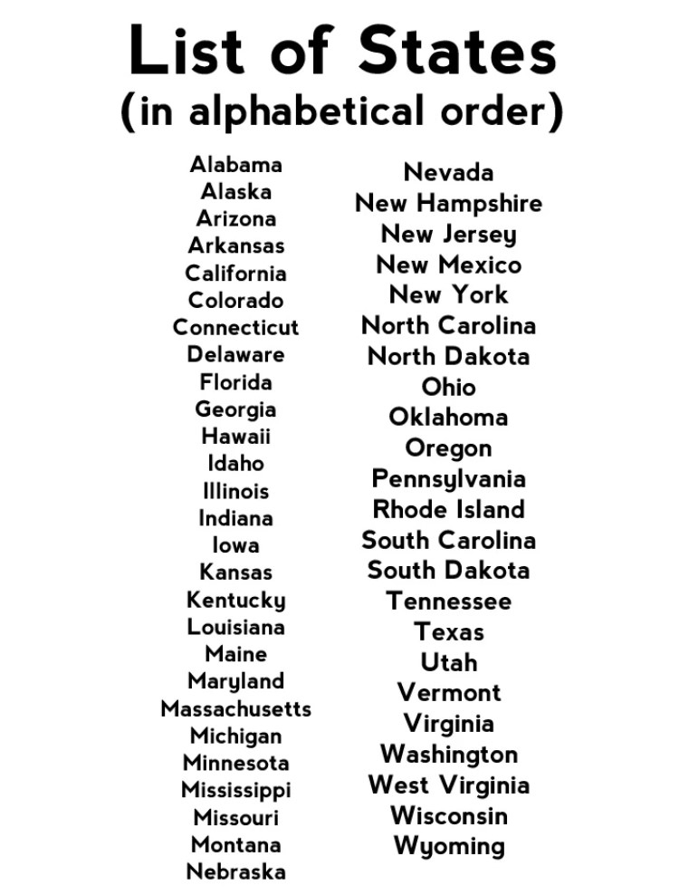 50 States List Printable Pdf