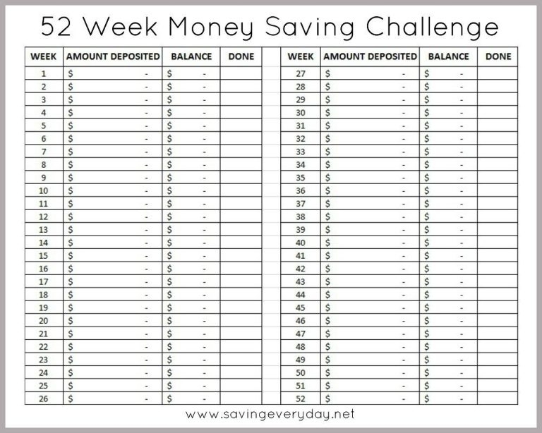 52 Week Money Saving Challenge Printable Sheet