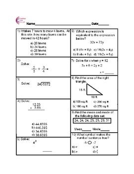 6Th Grade Math Assessment Test Printable