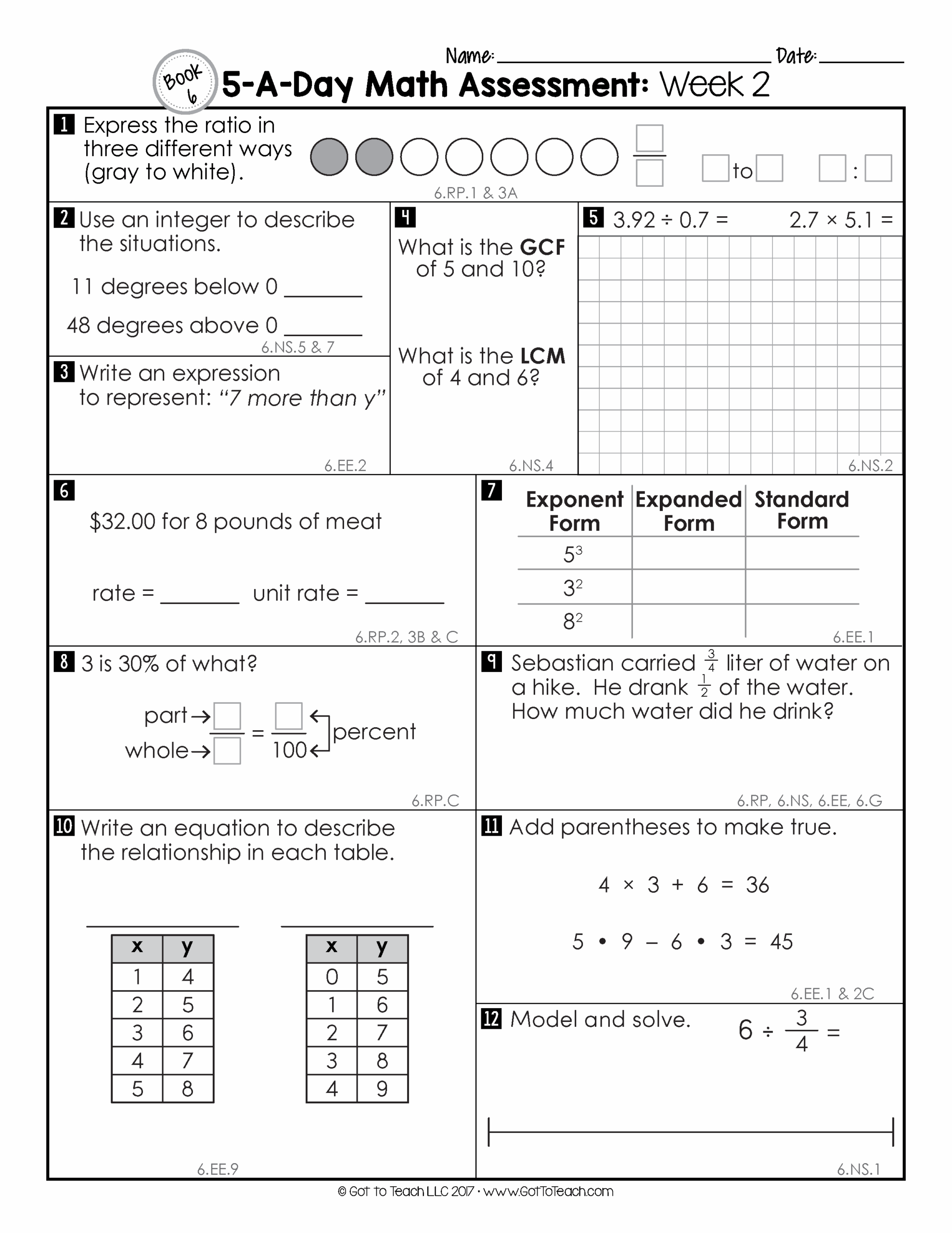 6th Grade Weekly Math Assessments Teacher Thrive
