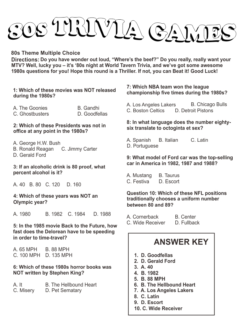 80s Trivia Questions And Answers Printable