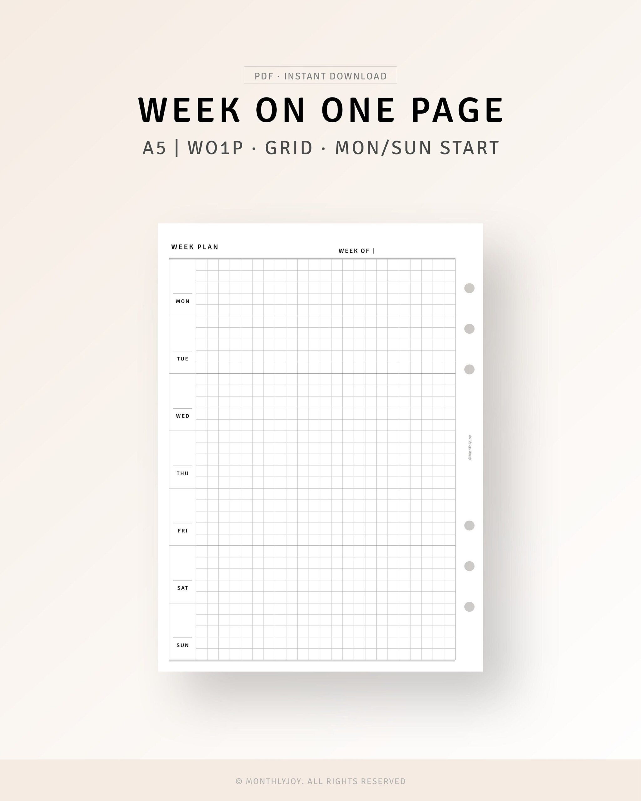 A5 Size Week On One Page Printable Undated Weekly Planner PDF Template 