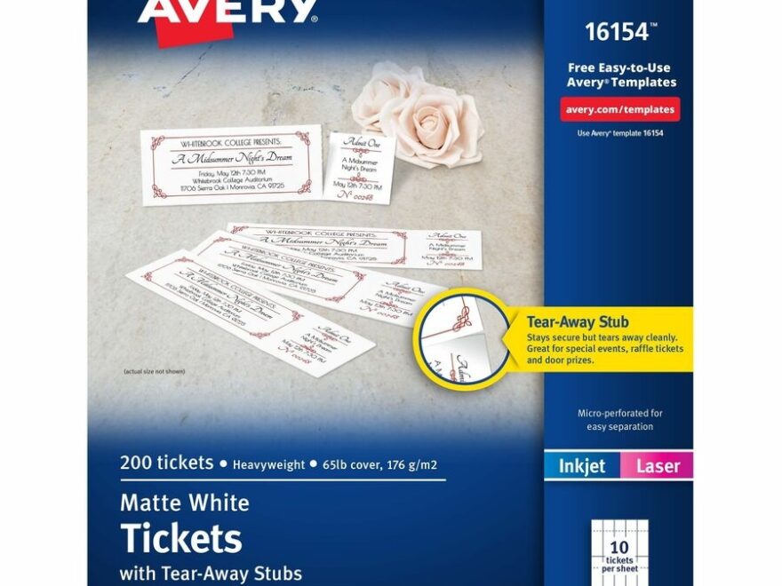Avery 16154 Printable Tickets With Tear Away Stubs White 200 Pack