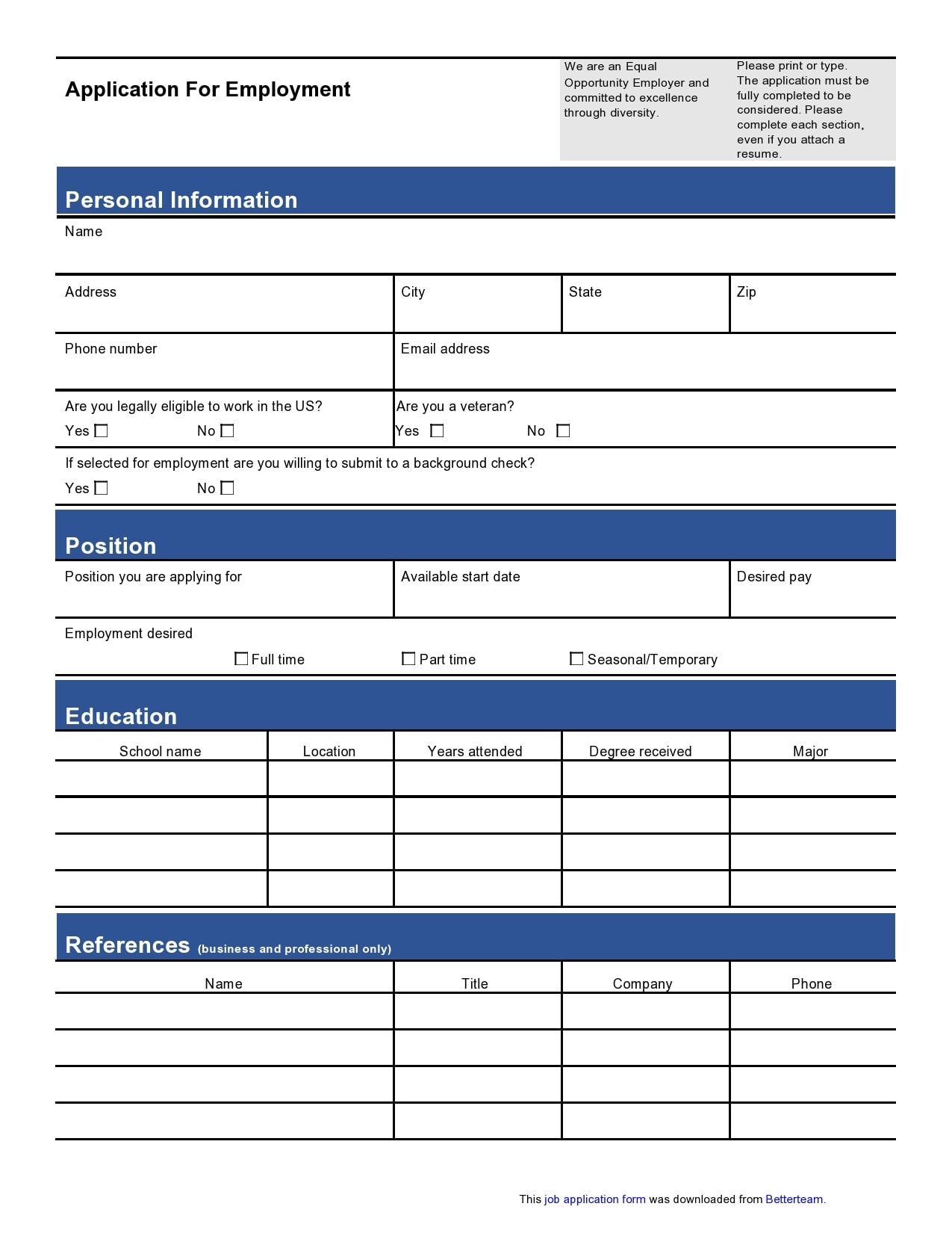 Printable Blank Job Application Form Word Document