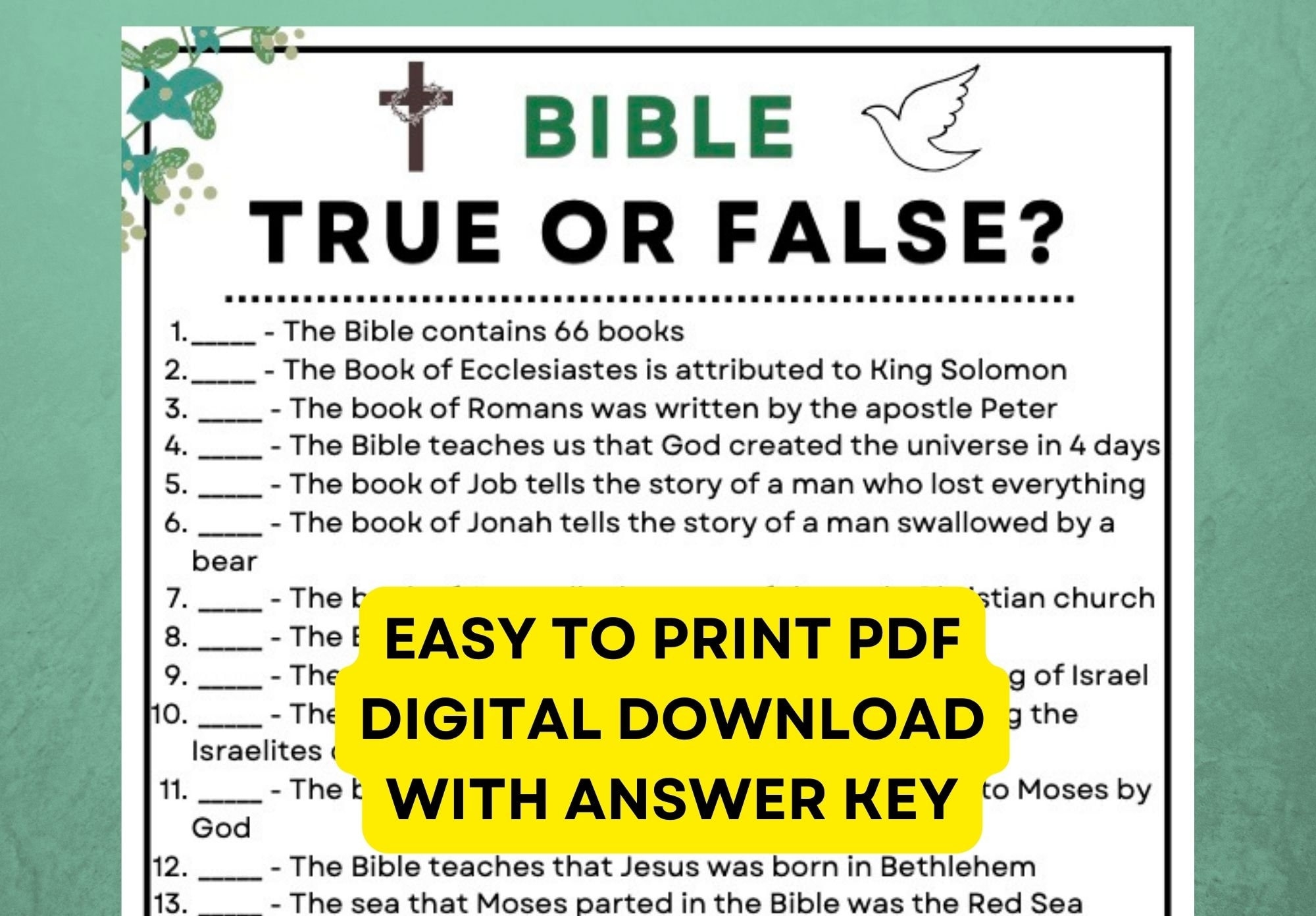 Bible True Or False Game Instant Digital Download PDF Printable 25 