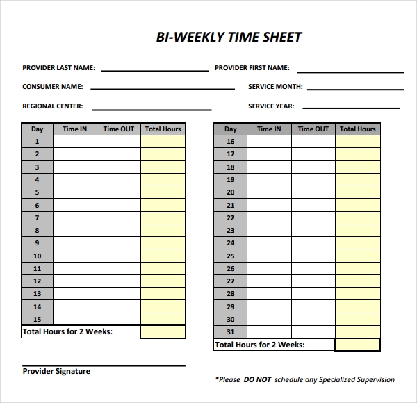 Biweekly Time Sheets Printable Word