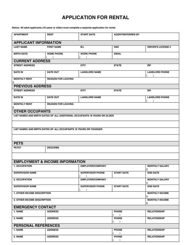 Blank Rental Application Forms Templates Word PDF Printable Application