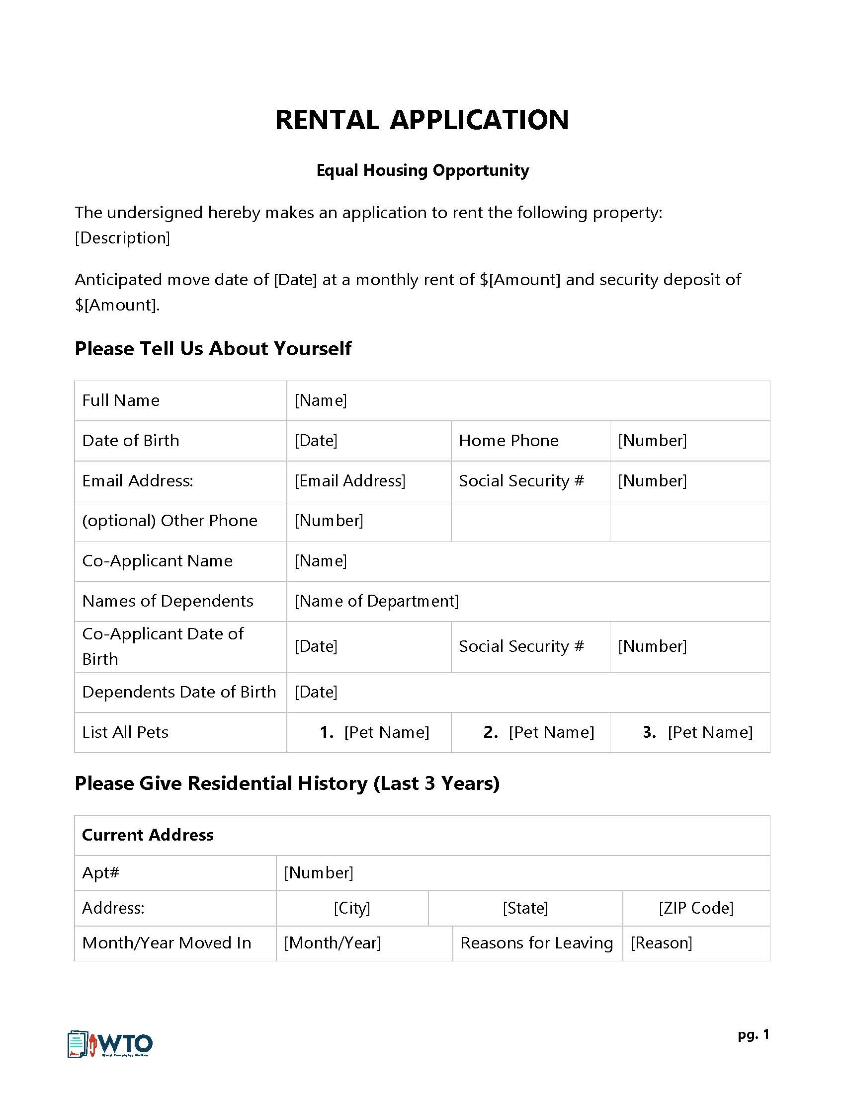 Free Printable Rental Application Form Word