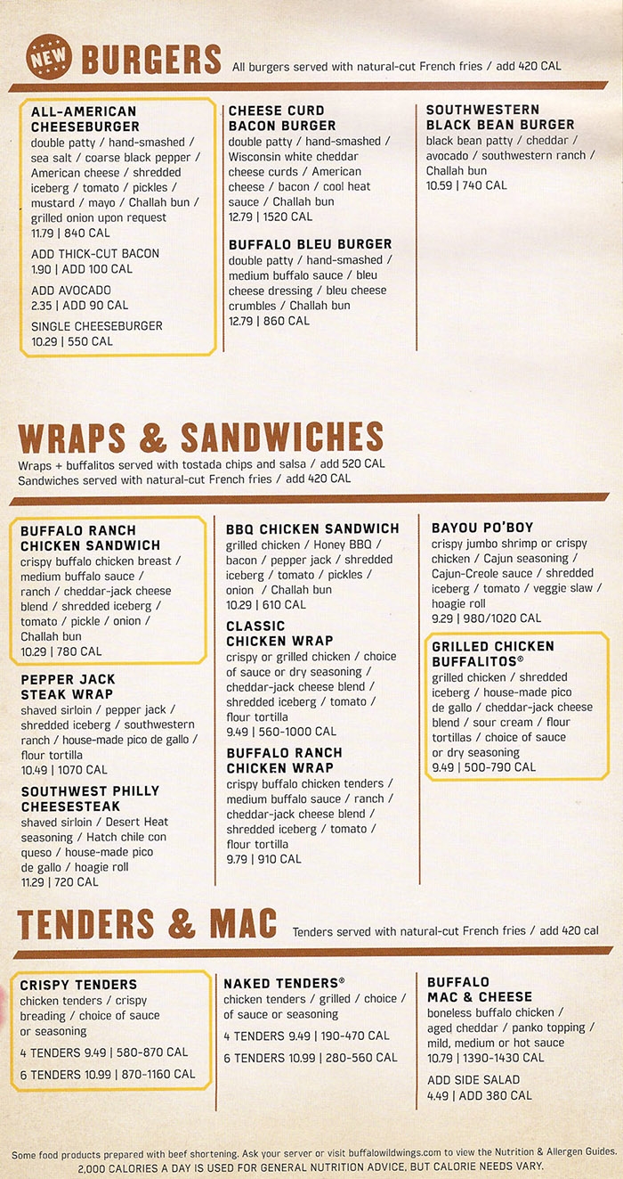 Buffalo Wild Wings Printable Menu