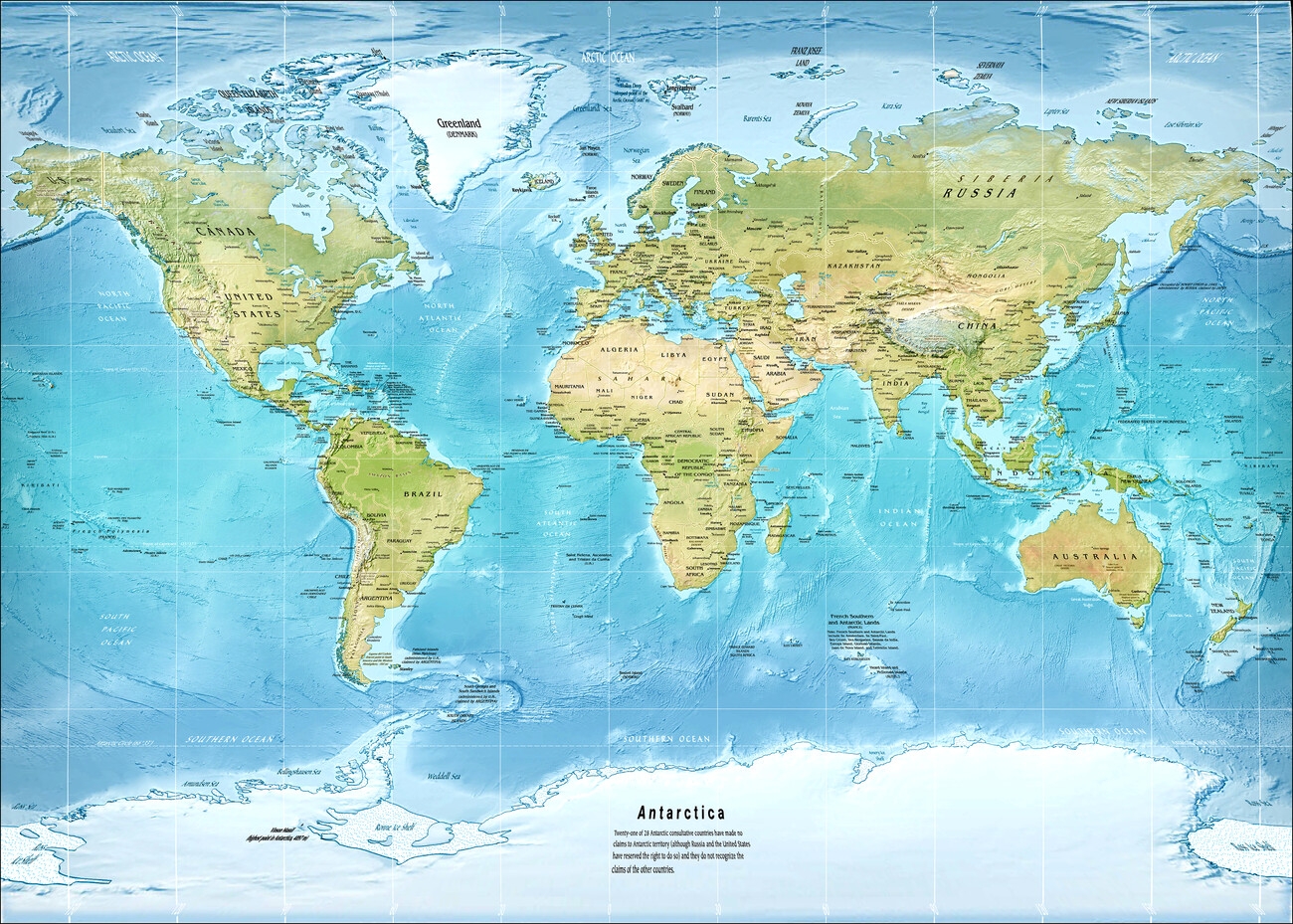 Carte De Physical World Map Miller Projection Poster Toutes Les 