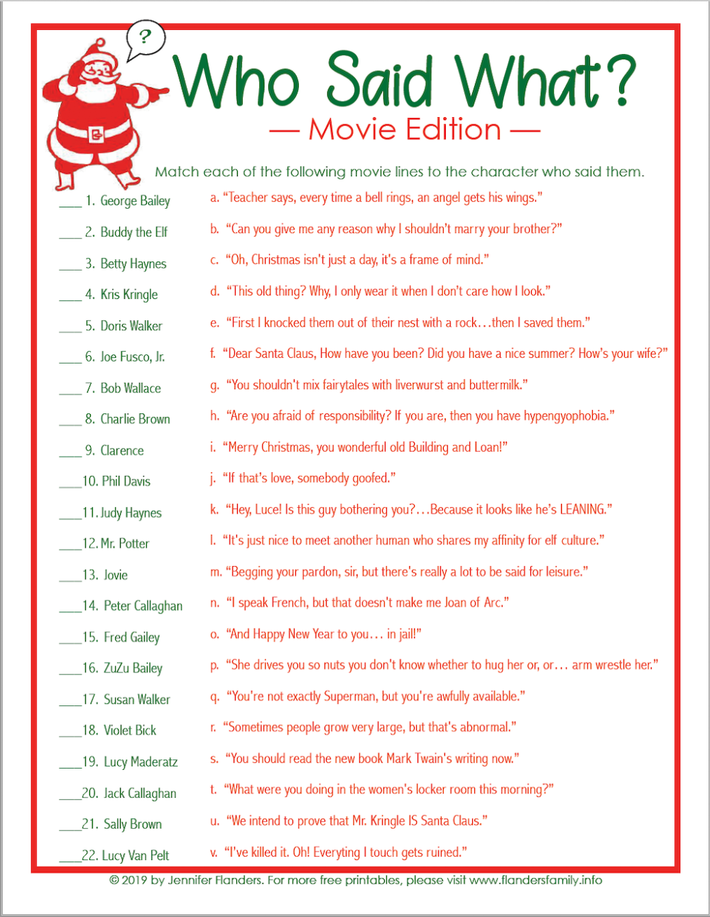 Christmas Movie Trivia Game Printable