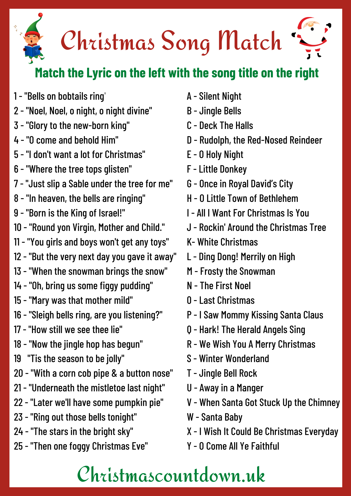 Christmas Song Matching Game Free Printable Christmas Song Games 