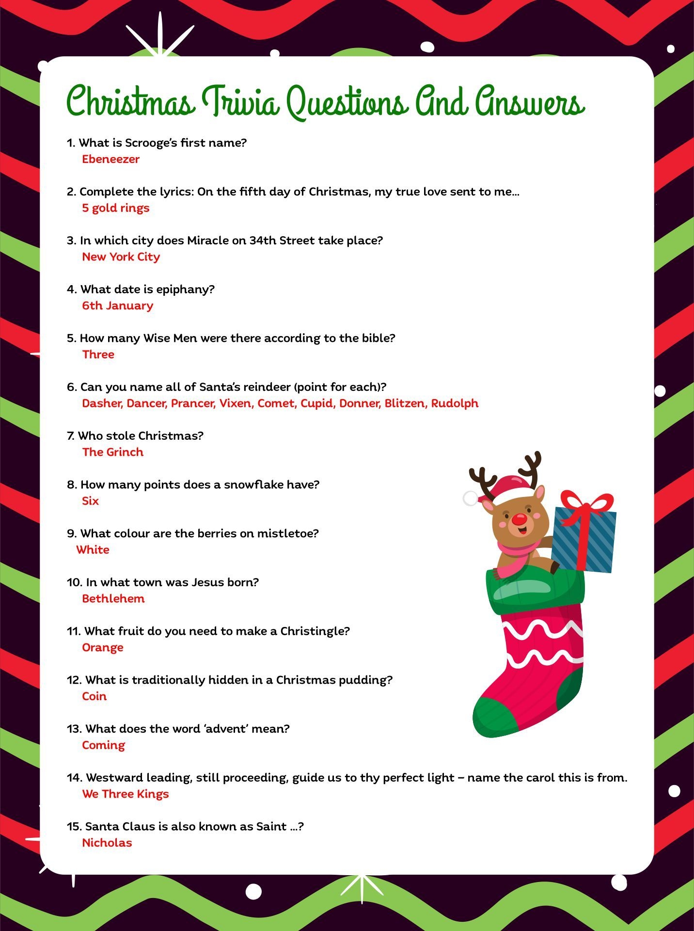 Free Printable Christmas Trivia Questions And Answers