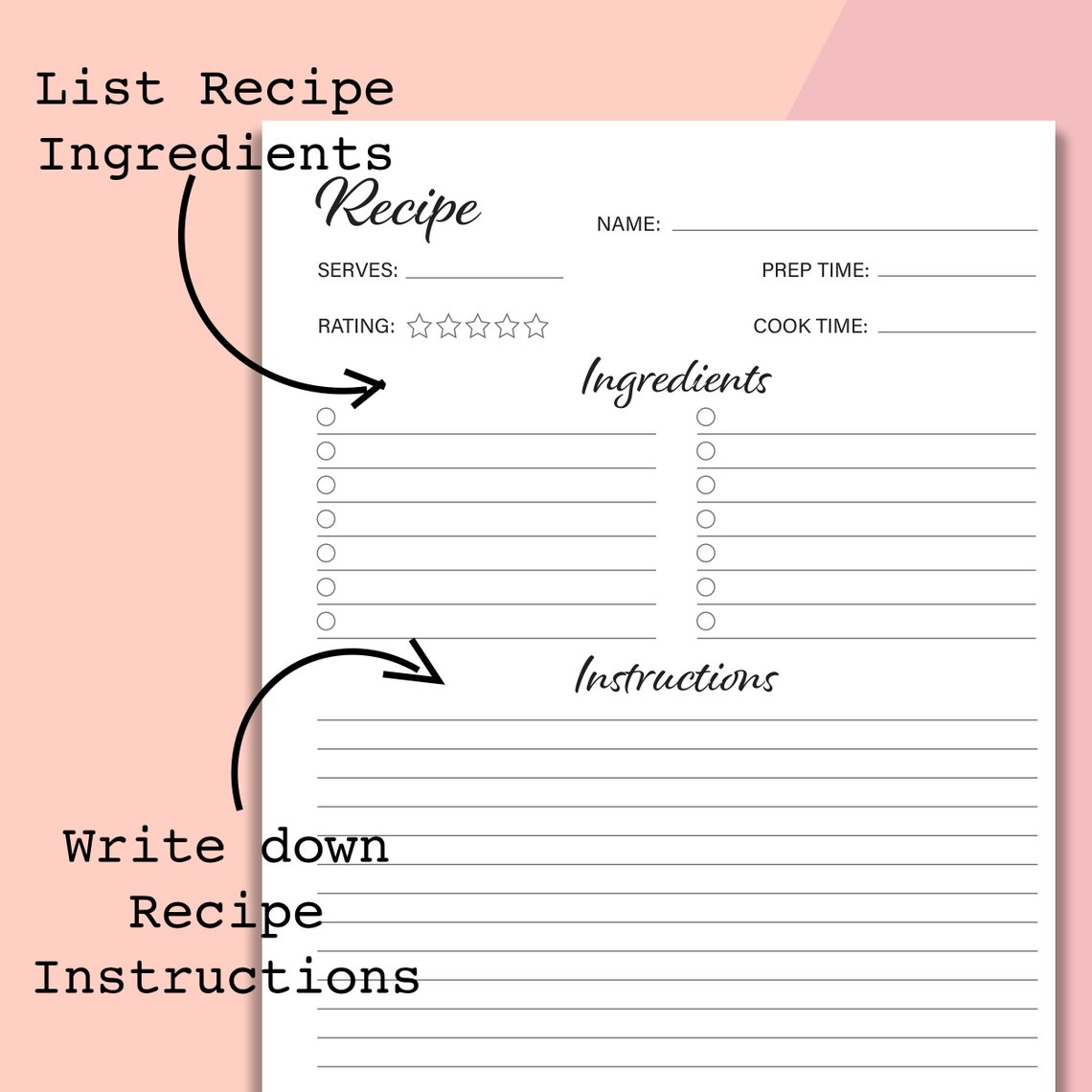 Classic Happy Planner Recipe Printable Page Recipe Template Etsy