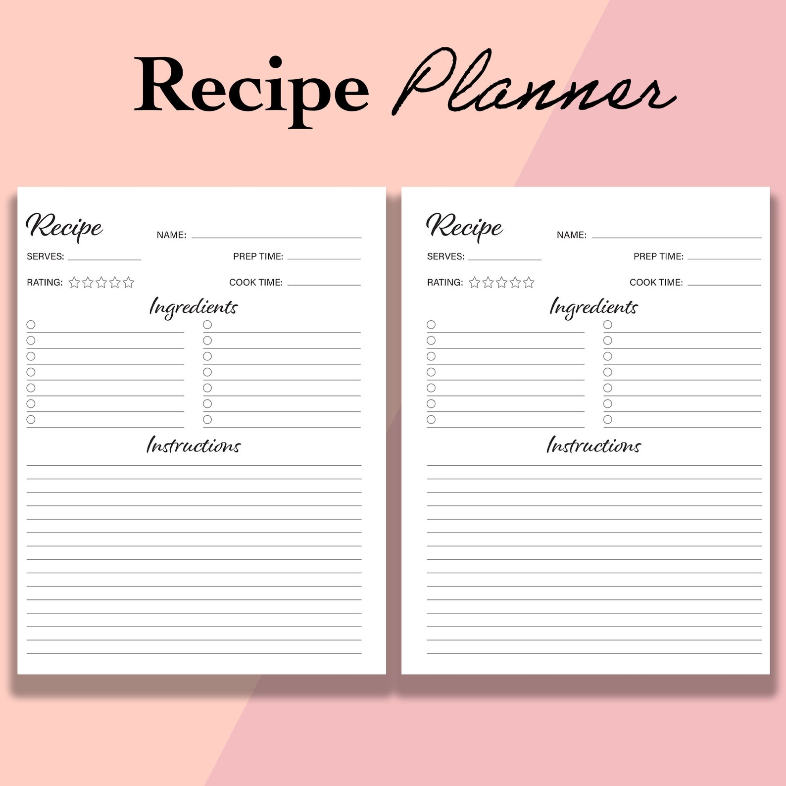 Classic Happy Planner Recipe Printable Page Recipe Template Etsy