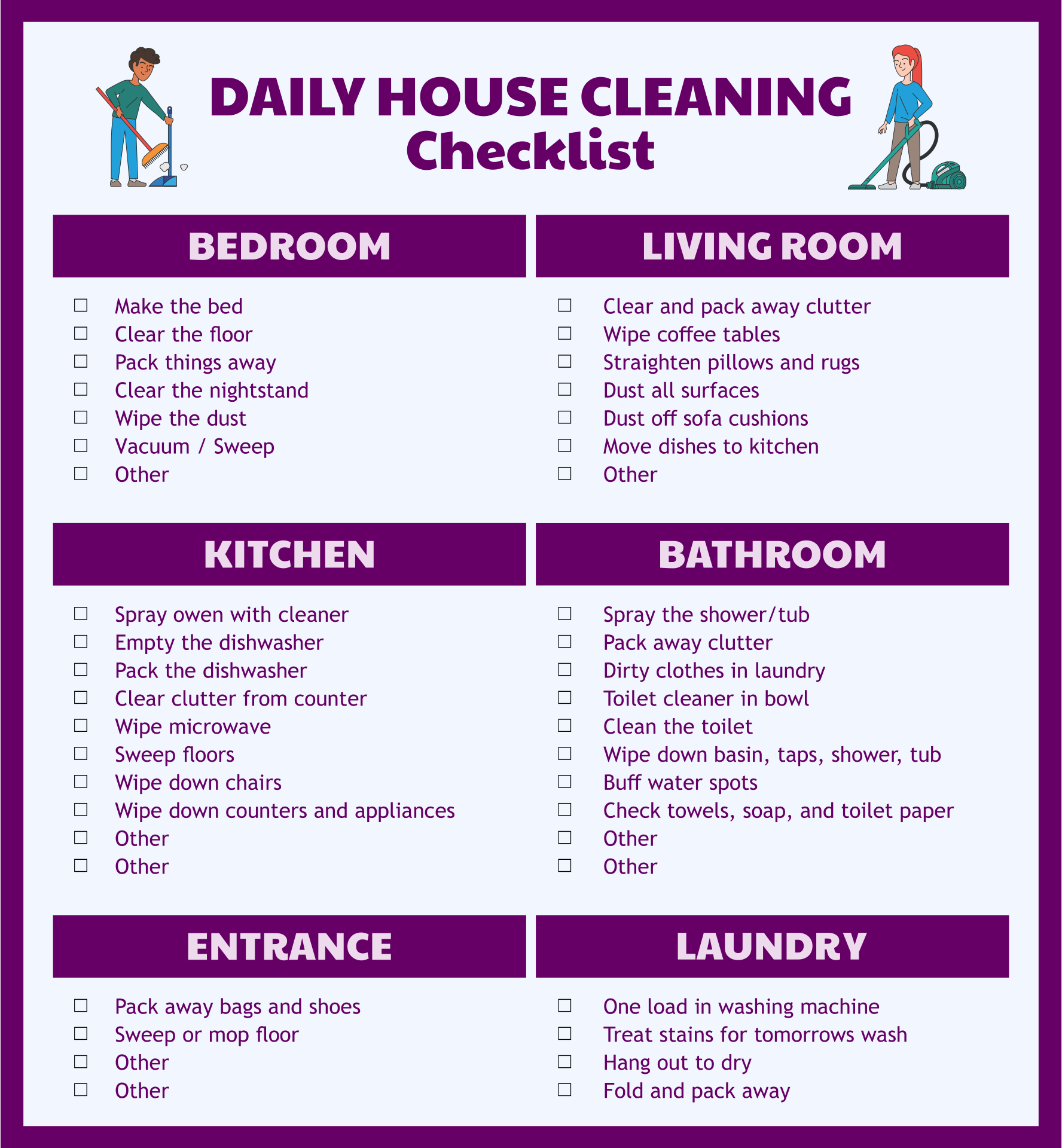 Cleaning Checklist By Room Printable