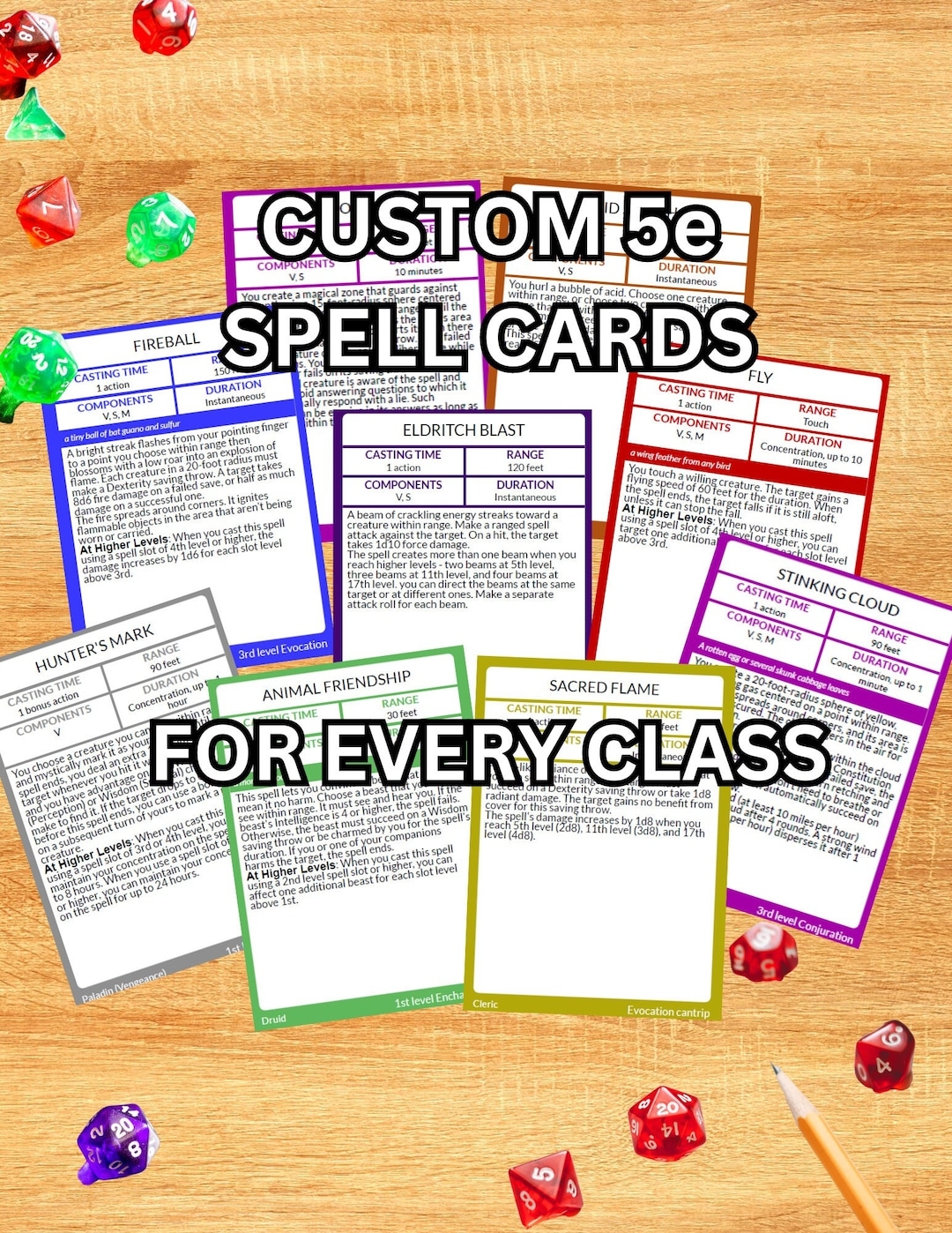D D 5e Spell Cards Digital Download Color coded By Class Class 