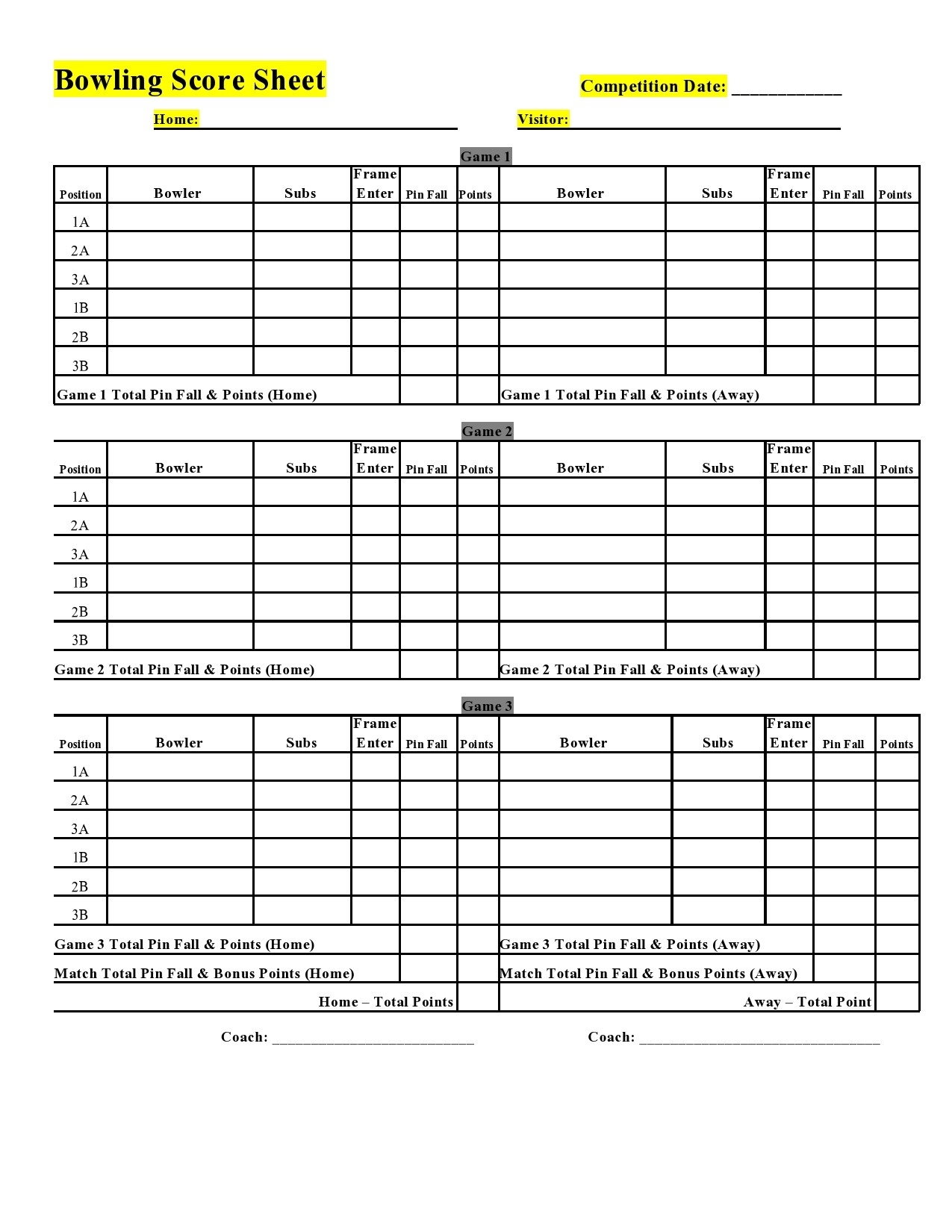 Downloadable Bowling Score Sheet Printable
