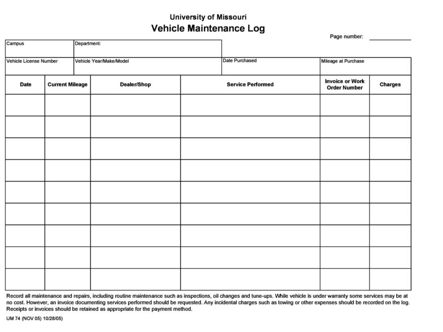 Downloadable Free Printable Vehicle Maintenance Log Sheet