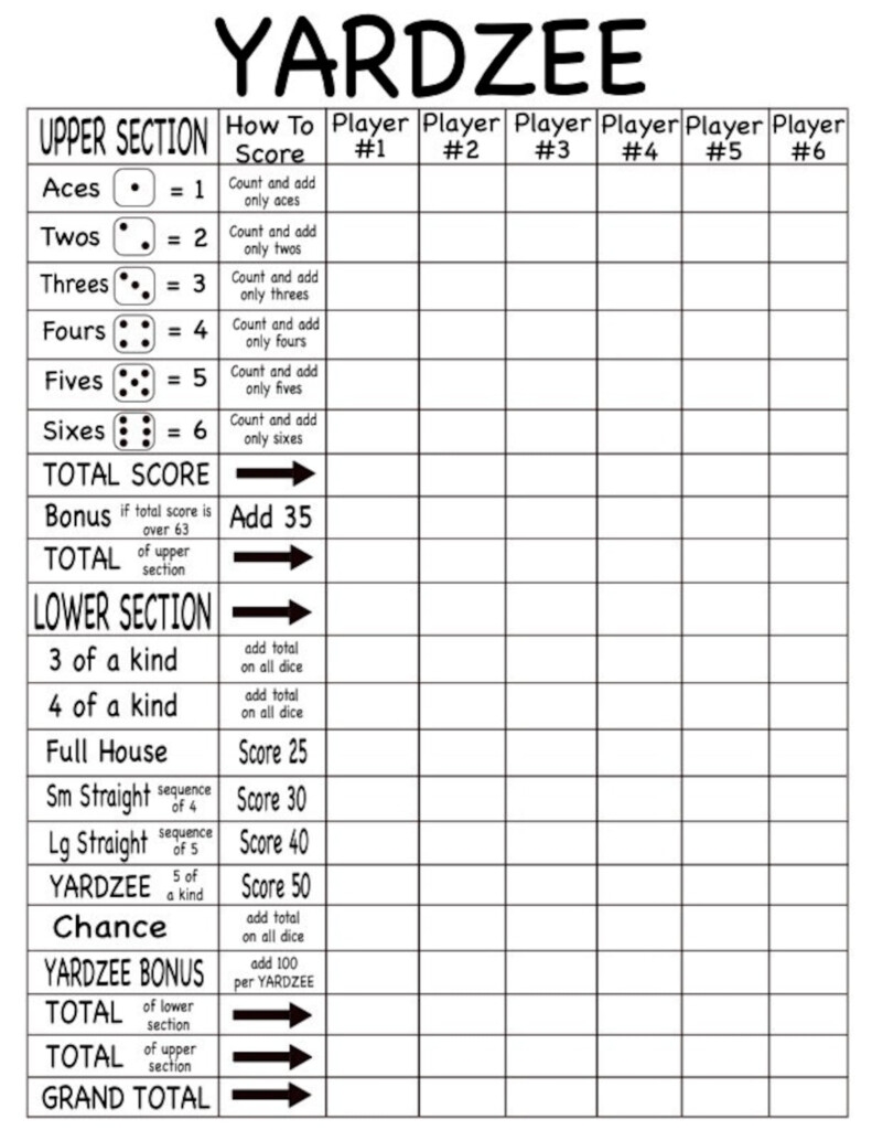 Downloadable Free Printable Yardzee Score Card Pdf Printable Templates
