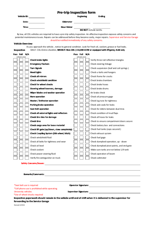 Downloadable Printable Free Dot Pre Trip Inspection Form Pdf 