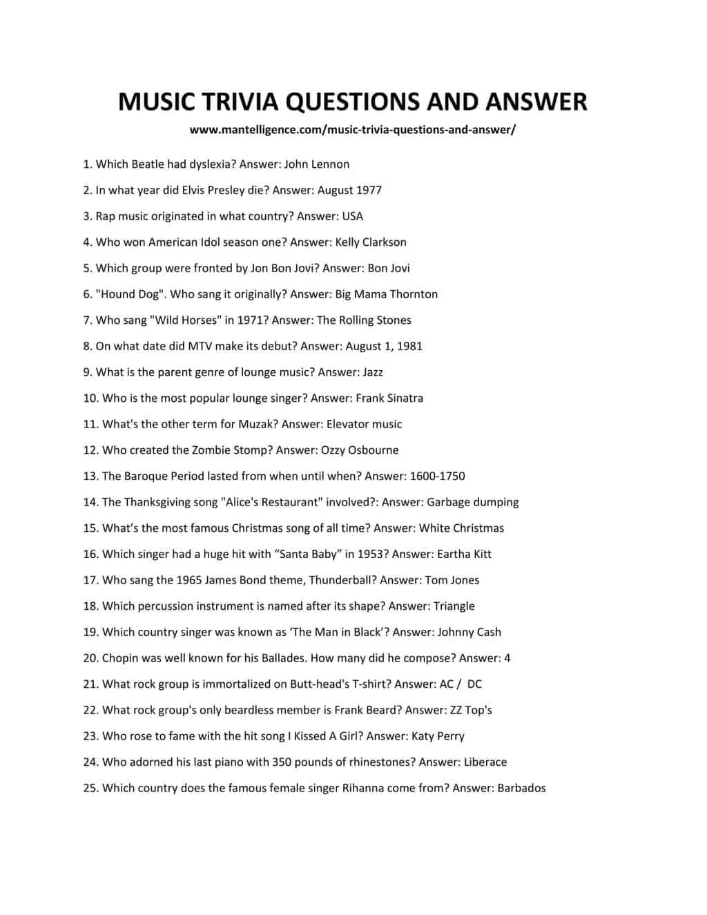 2025 Music Trivia Questions And Answers Printable