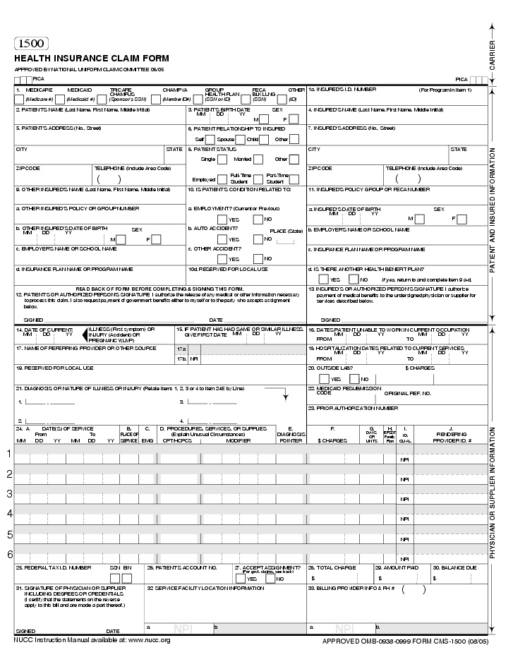Fillable Health Insurance Claim Form 1500 02 12 Printable Forms Free 