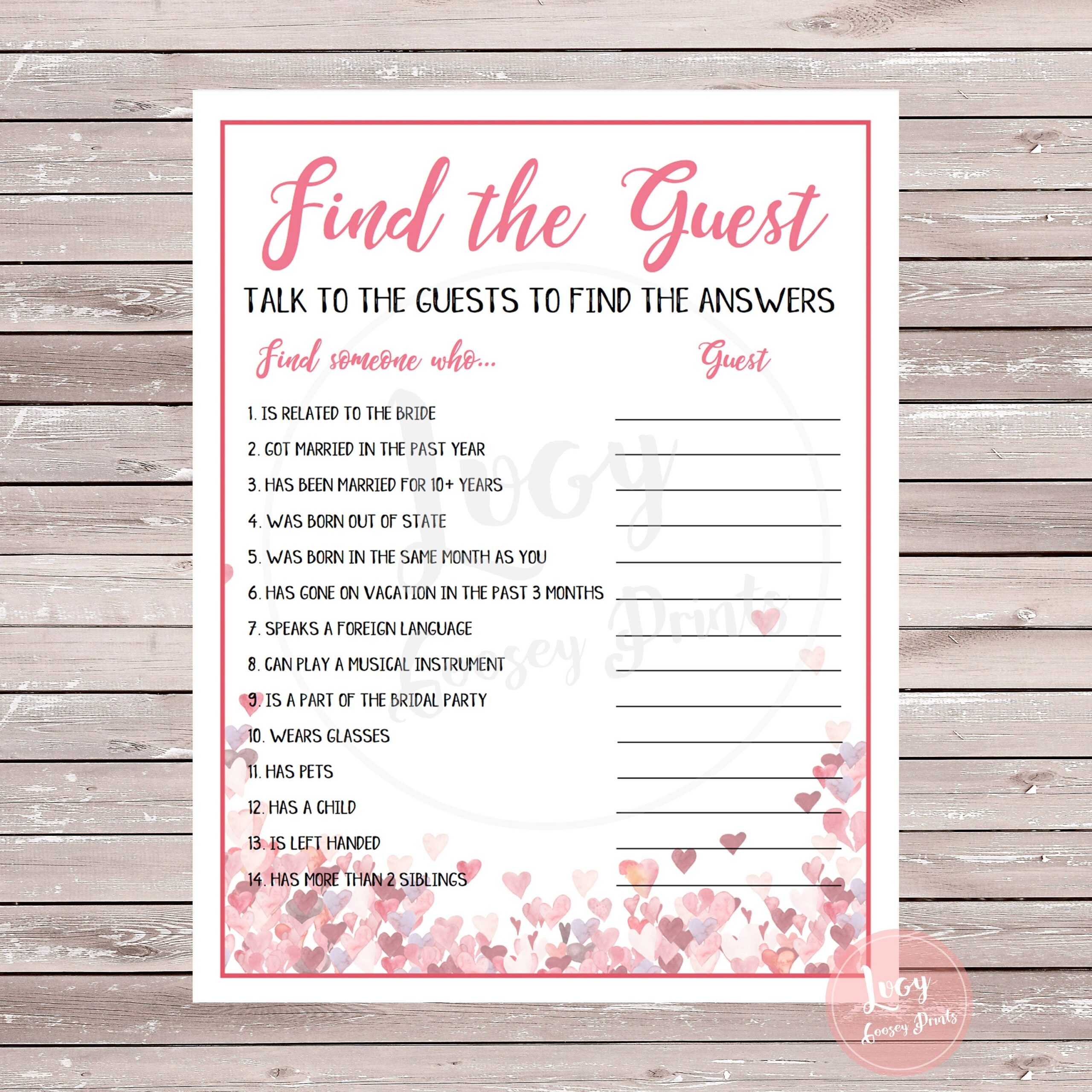 Find The Guest Printable Game Wedding Bridal Shower Or Bachelorette 