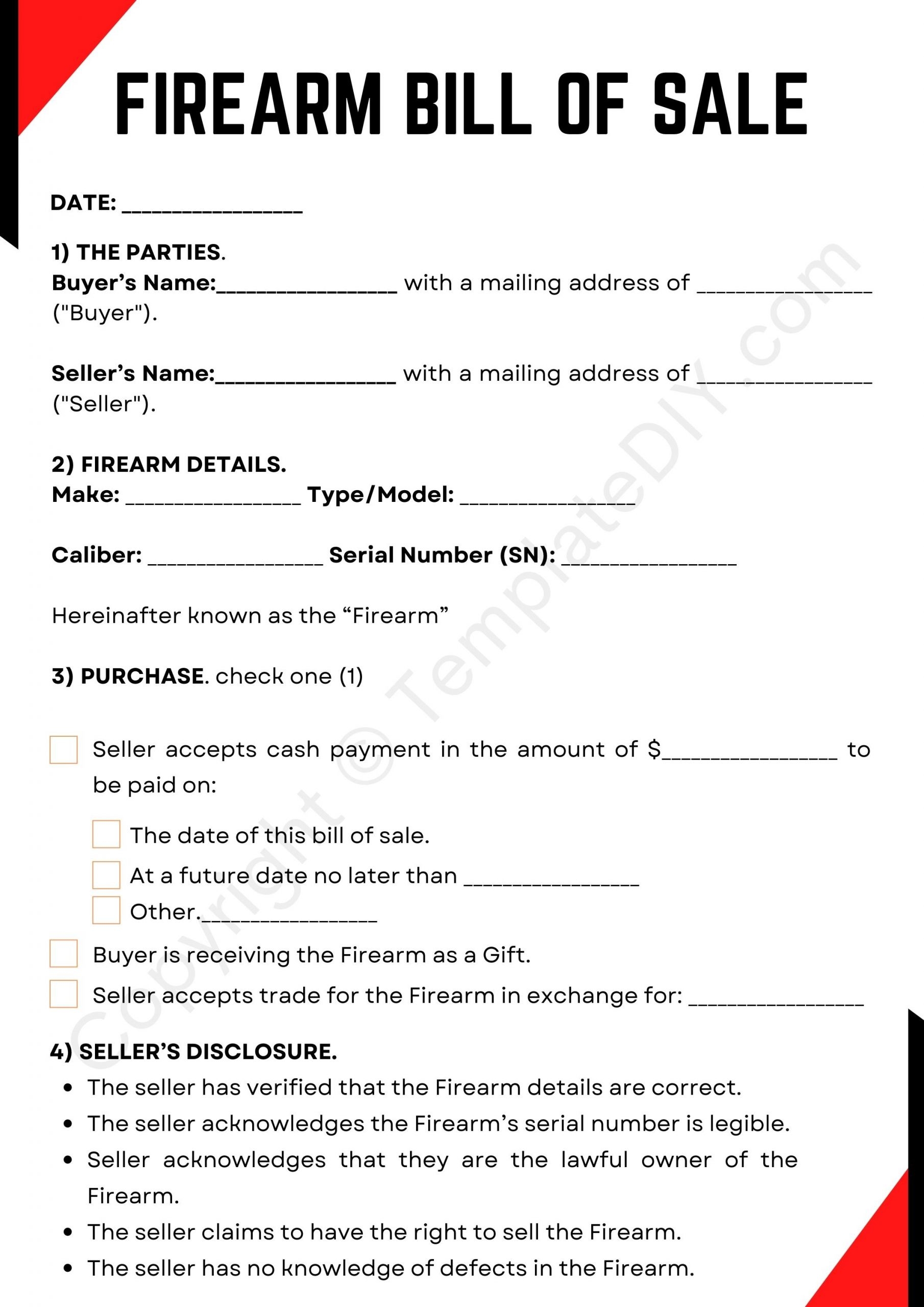 Firearm Bill Of Sale Blank Printable Form Template In PDF Word