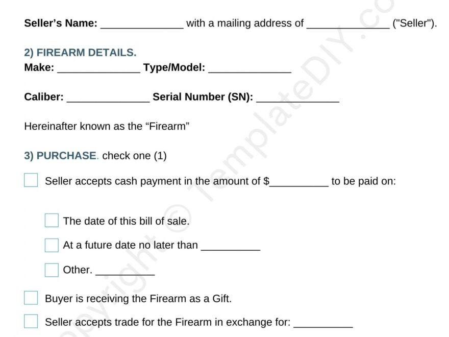 Firearm Bill Of Sale Blank Printable Form Template In PDF Word