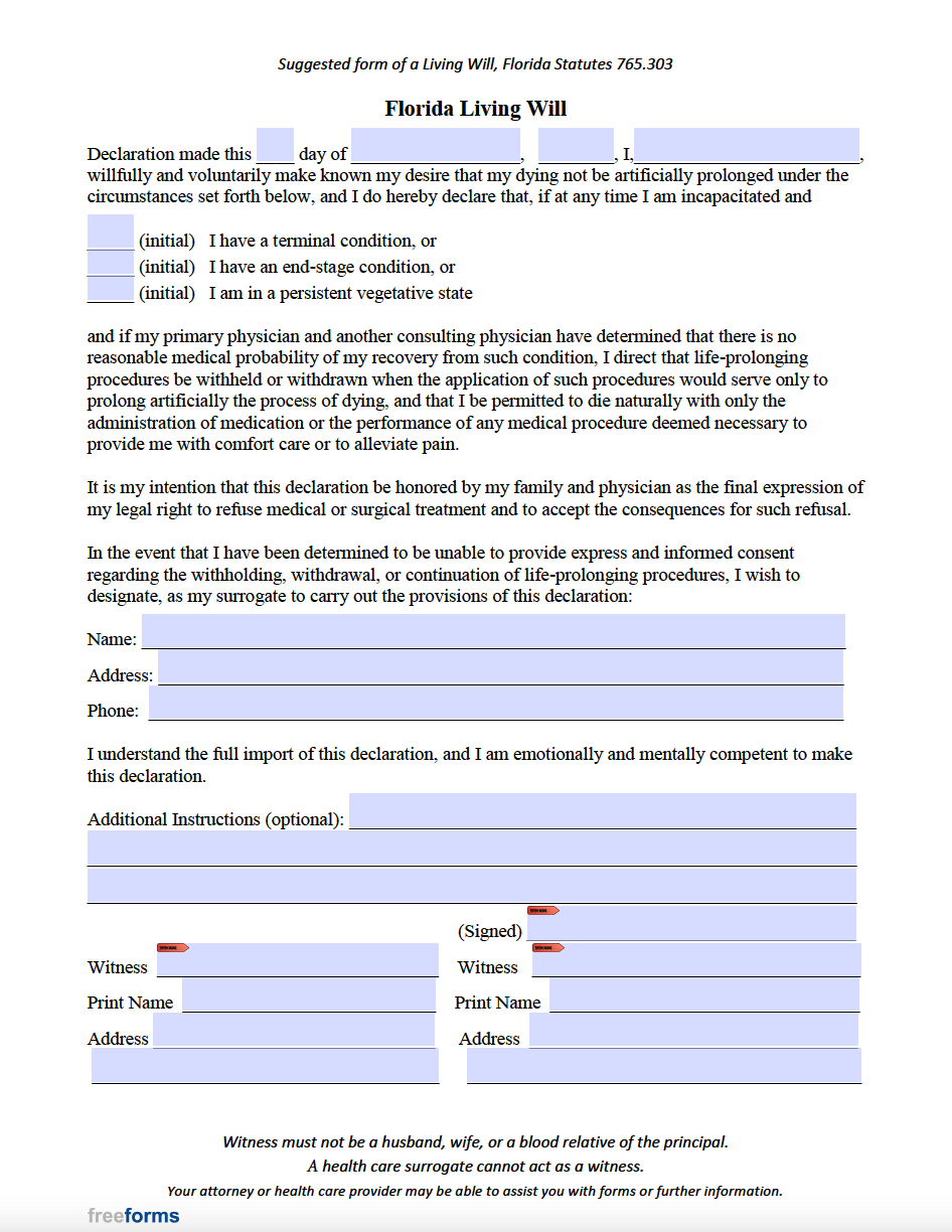 Florida Living Will Form 2021 Living Will Forms Free Printable