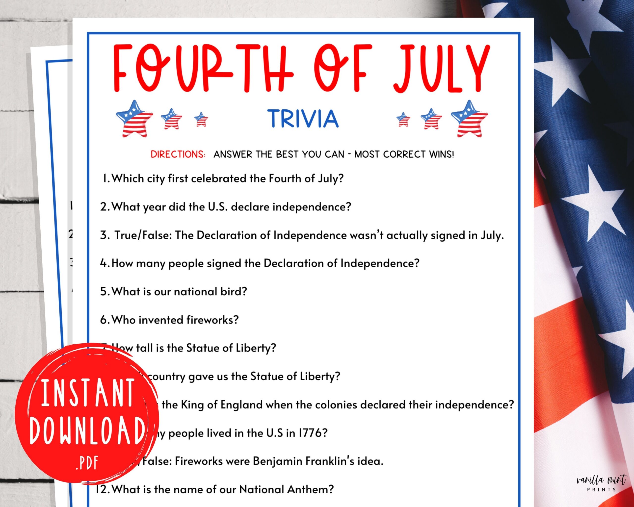 Fourth Of July Trivia Game 4th Of July Printable Party Games Etsy