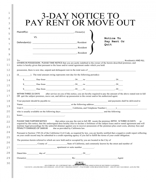 Free Printable 3 Day Eviction Notice