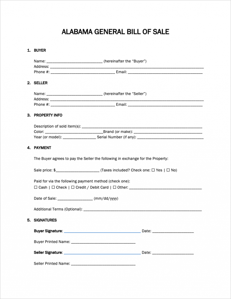 Printable Bill Of Sale Alabama