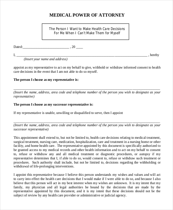 Free Blank Printable Medical Power Of Attorney Forms