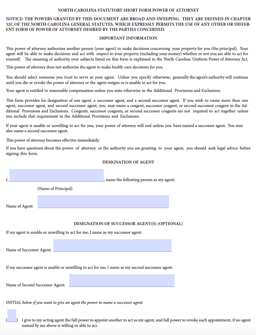 Free Durable Power Of Attorney Form North Carolina